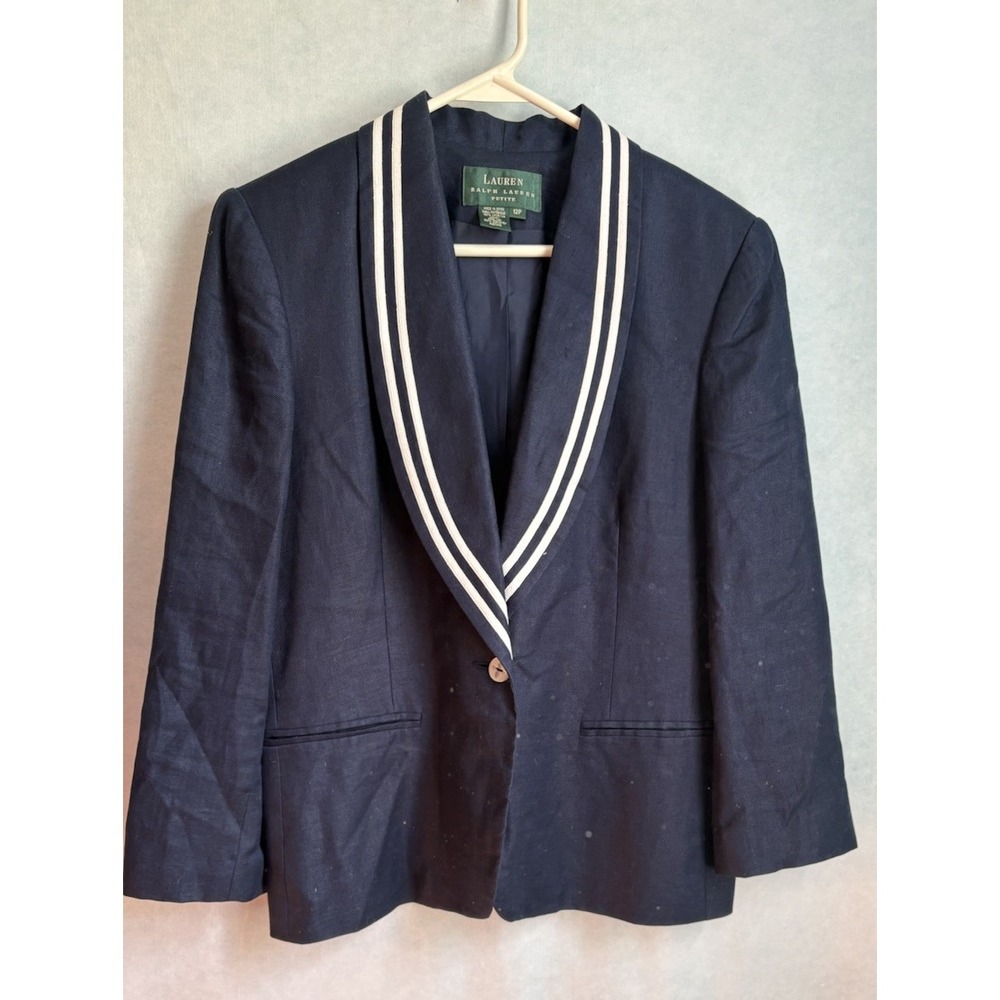 Lauren Ralph Lauren 12P Navy  Linen Nautical Tailored Blazer Old Money Academia